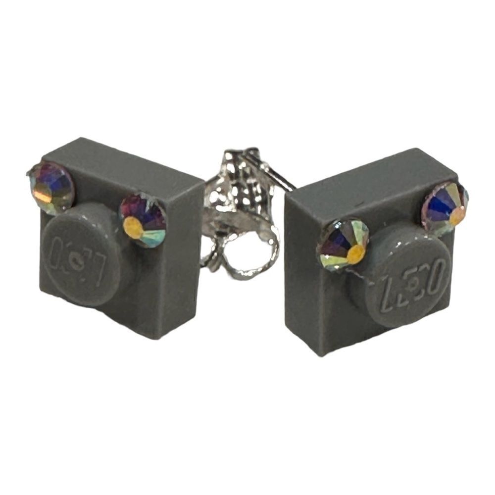 Lego stud earring pierced gray rhinestones Mickey / Minnie head vibe